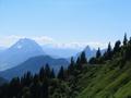 Blick nach Westen - links der Grimming (heuriges Tourziel) - rechts der schmale markante Grat des Hochtausing (siehe Tour vom 28.05.2005). Im Hintergrund der schneebedeckte Dachstein