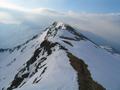 Blick aus der Scharte zurck zur Schafspitze. Am obersten Schneefeld erkennt man einen Tourengeher. Er war etwas vor mir aufgebrochen. Als ich mir beim Start in der Dunkelheit dachte, da ich eigentlich schon ein bichen verrckt bin, um diese Zeit am kalten Berg herumzuhirschen, habe ich vor mir seinen Stirmlampenschein wahrgenommen. Auf Grund des kalten, heftigen Windes im Gipfelbereich hat er das Auffirnen nicht mehr abgewartet und ist gleich hinuntergefahren.