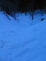 Ab dem Ende der Forststrae geht es einen steilen, pickelharten Graben hinauf. Unter der Schneedecke hrt man gelegentlich den Bach gurgeln.