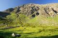 Bis zum mittleren Landschitzsee und auch noch ein Stck darber hinweg ist der Weg markiert und auch deutlich erkennbar. Danach verliert sich das Steiglein aber zunehmend im nassen Almgrase, an dem sich allerorten einige Schafe gtlich tun. Unter den Osthngen des Jgerspitz steige ich nun hher.