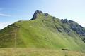 Noch einmal ein Blick zurck zum Draugstein, der sich aus dieser Richtung als bis zum Gipfel begrnte Bergflche zeigt. Die kahlen, schroff abfallenden Felswnde befinden sich auf der anderen Seite. Man erkennt hier auch gut den Anstiegsweg ber die Schulter und weiter - zunehmend steil - bis zu dem Felseneinschnitt rechts des hchsten Punktes.