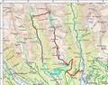 Die 2 Wanderungen im Detail - rot eingezeichnet. Trkis im Hintergrund ist die Route der Tourenplanung erkennbar. Das Gratstck zwischen Hocheck und Lehhe war fr mich aber leider nicht bewltigbar. Die Schwierigkeit ist auf jeden Fall hher, als die im Alpenvereinsfhrer mit I angebebene.