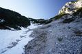 ... und spter ber die steilen Schnee- und Schotterrinnen (Ingrid links der Bildmitte).