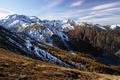 Hochwildstelle und Hchstein bilden den Blickfang im sdlichen Gipfelkranz. Rechts unten die Pleschnitzalm und links das apere Scheibleck. Entlang des Streifens mit den herbstlich gefrbten Bumen, der von rechts unten durch die Bildmitte nach links oben fhrt, sind wir am 06.01.2009 mit Schneeschuhen aufgestiegen.