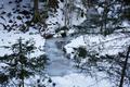 Unter einer dicken Eisdecke gurgelt der Tiefenbach talwrts.