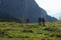 Im Umfeld des Stahlhauses machten sich gerade grere und kleinere Wanderergruppen auf den Weg, um die Gipfelziele nrdlich (Hohes Brett) und sdlich (Schneibstein) der Htte anzusteuern. Einige Wanderer steigen gerade von der deutschen Seite herauf, whrend sich diese 3 Mountainbiker entlang meiner Aufstiegsroute auf den Weg ins Bluntautal machen.