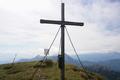 ... Gipfelkreuz auf der Hohen Lins, wo wir uns angesichts des Windes nicht lange aufhalten. Den ansatzweise angedachten Plan, am Theklasteig auch noch die 1,2 Kilometer am Kammerverlauf bis zum Linseck im Westen weiter zu wandern, haben wir bei diesen widrigen Wetterverhltnissen lngst aufgegeben.