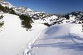 Ab der Gelndekante auf das Hochplateau nimmt die Schneehhe nun aprupt zu. Das Weiterstapfen wrde schon jetzt am Morgen bei noch gefrorener Schneedecke ohne Schneeschuhe ziemlich mhsam werden. Eine Spur vom Vortag erleichtert mir das Vorwrtskommen.
