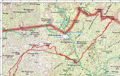 Der Routenverlauf im 2. Abschnitt: Rauchfang, Wildenseealm, Feigentalhimmel