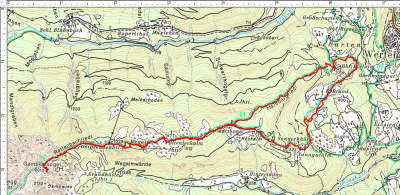 Der Routenverlauf Ostpreußenhütte - Gamskarkogel mit einer Rundtour im unteren Bereich