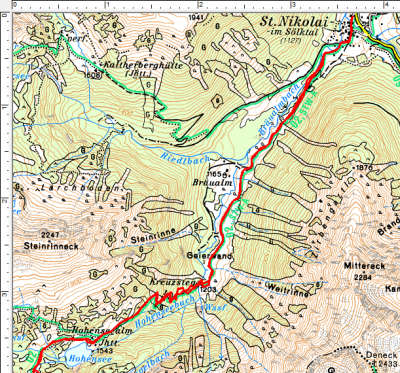 Der Routenverlauf im unteren Bereich: St. Nikolai im Sölktal - Hohensee
