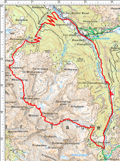Der Routenverlauf im Uhrzeigersinn mit Ausgangspunkt beim Gasthaus Riesachfall