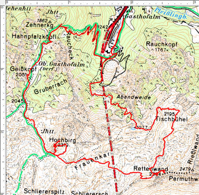 Der Routenverlauf über Tischbühel - Rettenwand - Hochbirg und Geißkopf im Uhrzeigersinn