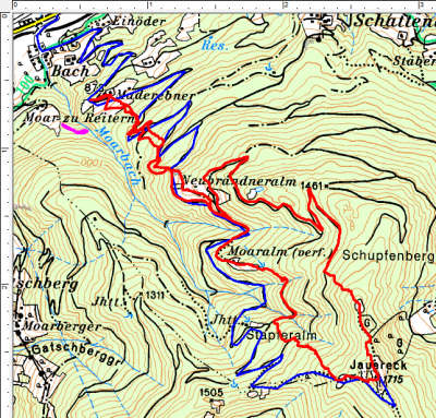 Routenverlauf Jauereck entgegendem Uhrzeigersinn (rot) mit Plan (blau) und Verhauer (pink)