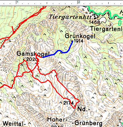 Routenverlauf Gamskogel - Nd. Grünberg beim Umkehrpunkt