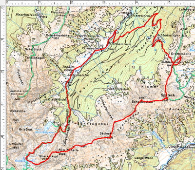 Routenverlauf Sattental - Goldlacken - Stierkarkopf - Säuleck - Spateck