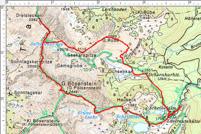 Routenverlauf Bösenstein - Sonntagskarspitze - Dreistecken - Gr. Rübe