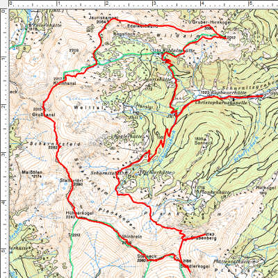 Routenverlauf Hirnkogel - Jauriskampel - Kleinhansl - Großhansl - Hühnerkogel - Steineck - Sandlerkogel