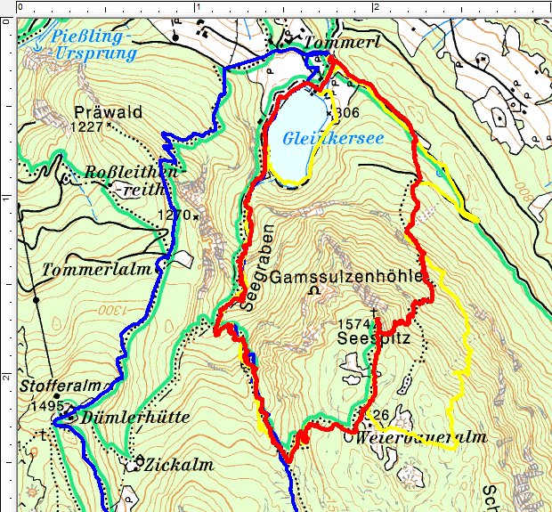 Routenverlauf vom Gleinkersee über den Seespitz entgegen dem Uhrzeigersinn (rote Route)