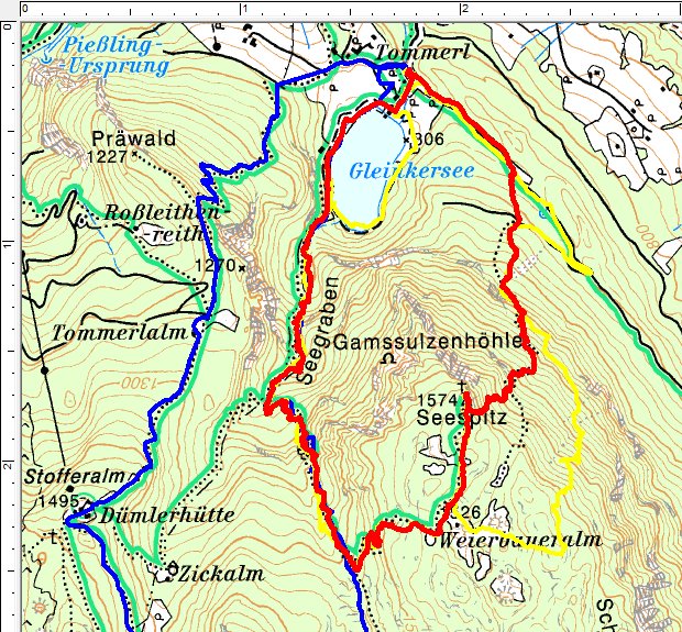 Routenverlauf vom Gleinkersee über den Seespitz entgegen dem Uhrzeigersinn (rote Route)