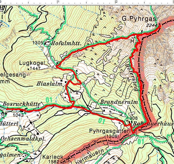 Mein Routenverlauf auf den Großen Pyhrgas entgegen dem Uhrzeigersinn