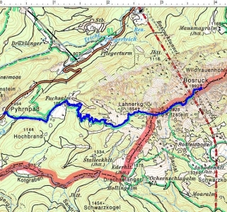 Der Routenverlauf vom Pyhrnpaß über die Fuchsalm zur Gratwanderung Lahnerkogel - Kitzstein - Bosruck