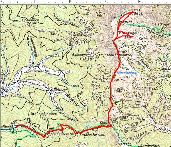 Routenverlauf Mautern / Zidritz - Klauen - Kahlwandspitze - Grieskogel - Gößeck