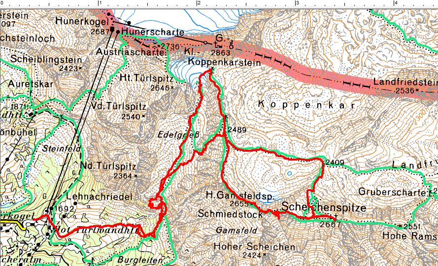 Der Routenverlauf vom Edelgrieß über den Ramsauer Klettersteig auf die Scheichenspitze. Rückweg am Normalweg über die Gletscherreste südlich vom Koppenkarstein (Klick zur Vergrößerung)