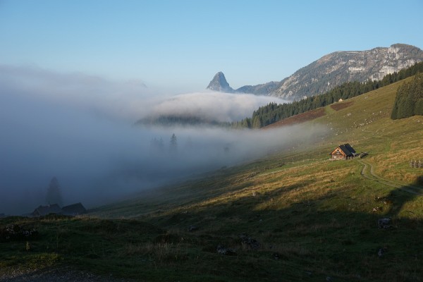 Blick von der Hinteregger Alm über das nebelverhangene Ennstal