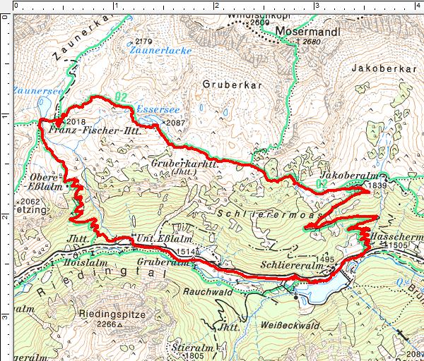 Routenverlauf entgegen dem Uhrzeigersinn: Jakoberalm (fast) - Essersee - Franz-Fischer-Hütte - Schliereralm