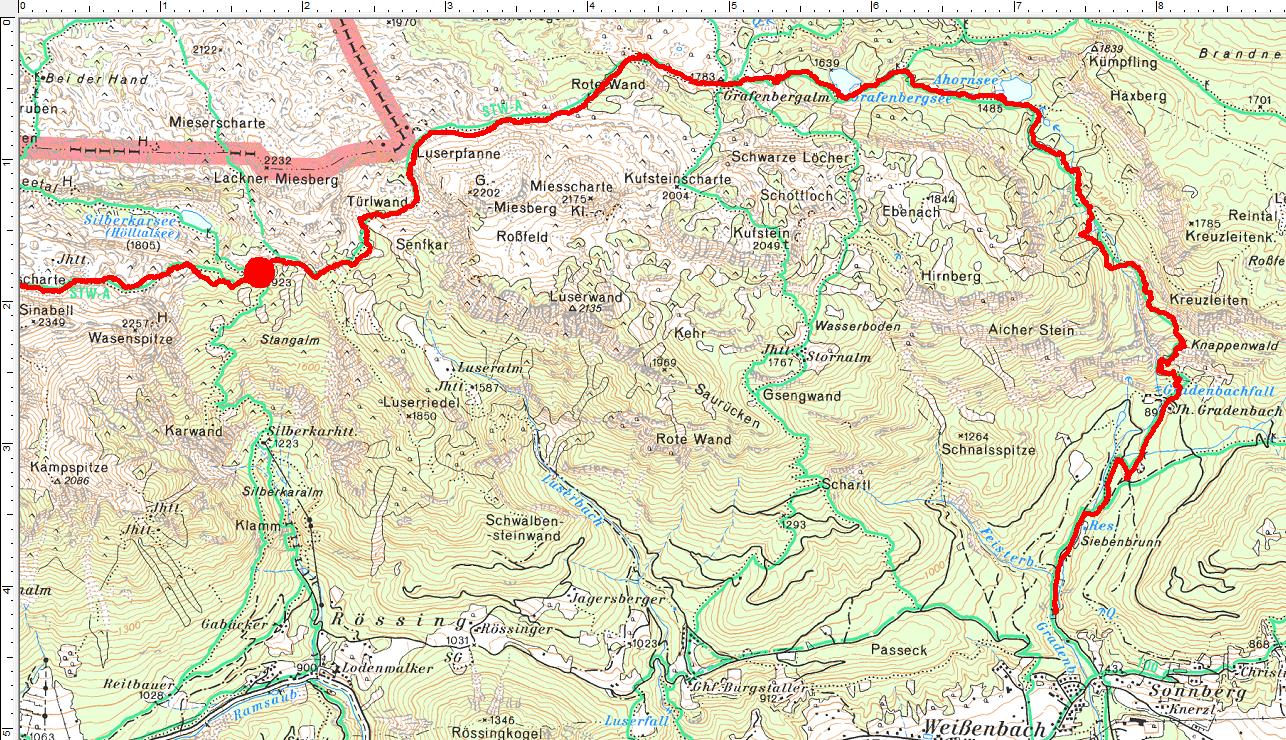 Der Routenverlauf im Abschnitt 3: Vom Silberkarsee über den Ahornsee ins Gradenbachtal (Klick zur Vergrößerung)