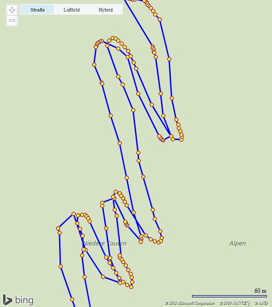 Auch der erste Blick auf GPS-Track-Analyse.NET zeigt deutlich die Abweichungen. Der Blick auf den Maßstab relativiert die Differenz aber gleich wieder. Die vielen Punkte in den Kurven stammen übrigens von der Abfahrt.
