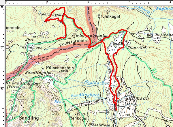 Routenverlauf Blaa-Alm - Fludergrabenalm - Knerzenalm