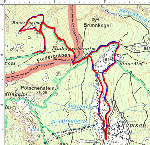 Trackvergleich Oregon 450t (blau) - Fenix 2 (rot): Nur geringste Abweichungen