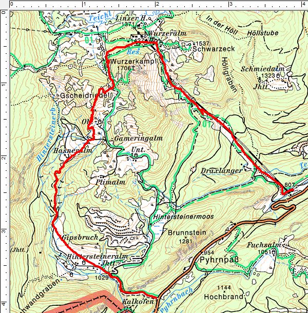 Routenverlauf Hintersteineralm - Hasneralm - Gscheidriedel - Wurzeralm