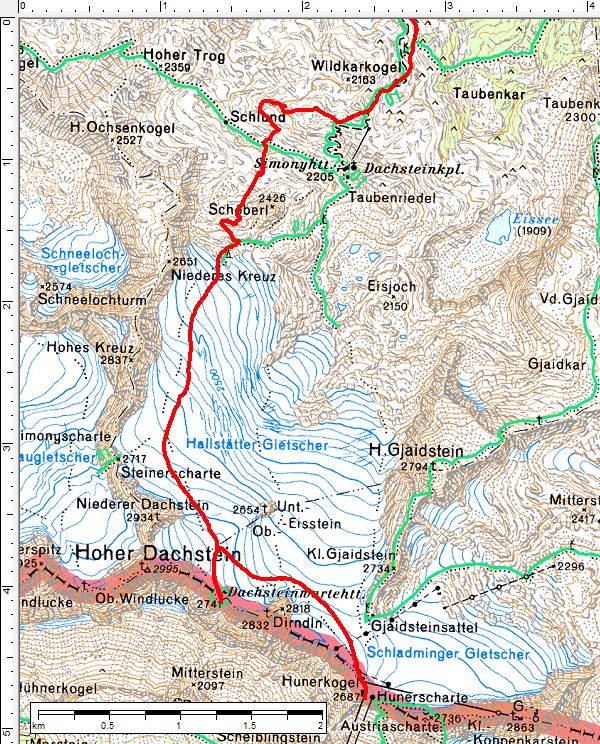 Am Beginn der österreichichen Nationalskitour lassen wir uns den kurzen Abstecher zur aussichtsreichen Dachsteinwartehütte nicht entgehen.