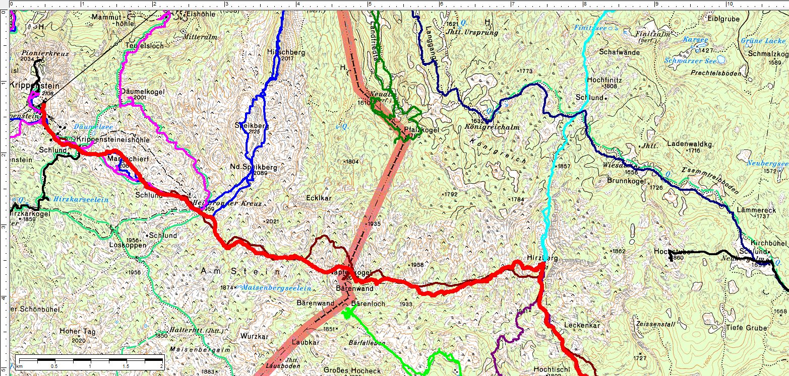 Der Routenverlauf vom Krippenstein zum Hirzberg (dicke rote Linie). Daneben (dünner) frühere Wandertouren in diesem einsamen Gebiet des Dachsteingebirges. (Klick zur Vergrößerung)