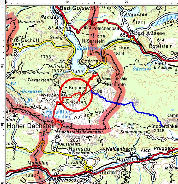 Das Tourengebiet zwischen dem Hohen Dachstein und dem Hallstätter See. Rot = unsere heutige Schitour. Blau die gestrige Route vom Krippenstein nach Gröbming.