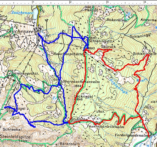 Rot: Die Schneeschuhtour am 01.05.2015 mit Start bei der Vordergnadenalm entgegen dem Uhrzeigersinn - Blau: Schitour eine Woche zuvor ausgehend von Zauchensee