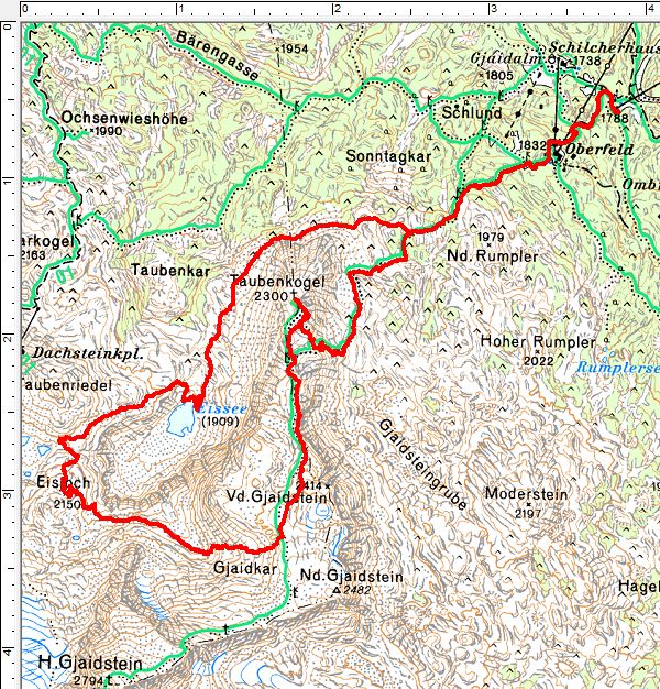 Routenverlauf vom Krippenstein über den Eissee auf den Taubenkogel