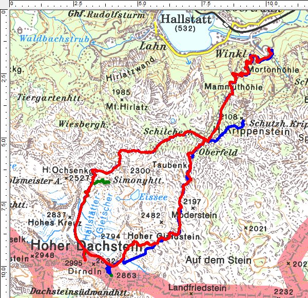 Unsere heurigen Skitouren am Dachsteingletscher (rot=17.03., blau=27.02., grün=06.02.)