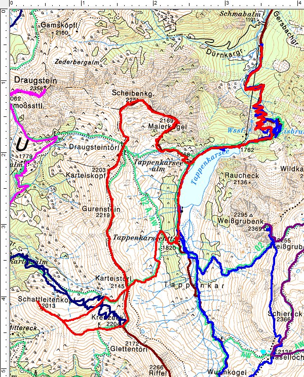 Unsere Wanderroute (rot) - nördlich vom Tappenkarsee ist der neue Wegverlauf erkennbar