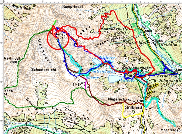 Wanderrouten auf das Deneck (rot = aktuellste Wanderung durch das Sonnkar)