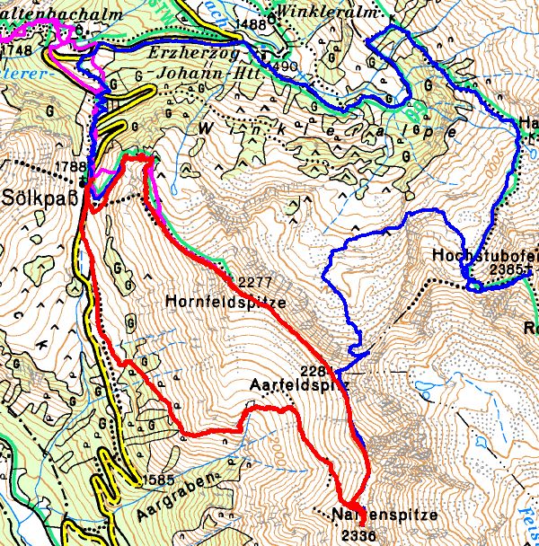 Wanderrouten auf die Hornfeldspitze (rot = aktuellste Wanderung)