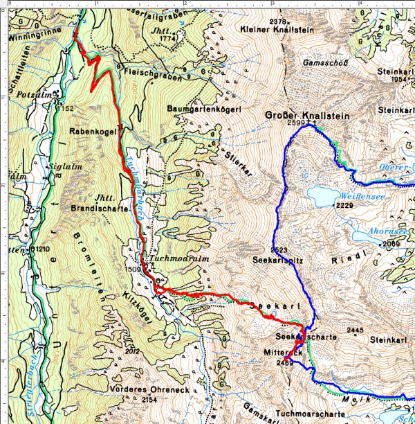 Rot der Routenverlauf vom 14.08.2016 aus der Kleinsölk über die Tuchmoaralm. Blau meine Route vom Oktober 2007 mit Ausgangspunkt bei St. Nikoklai im Großsölktal