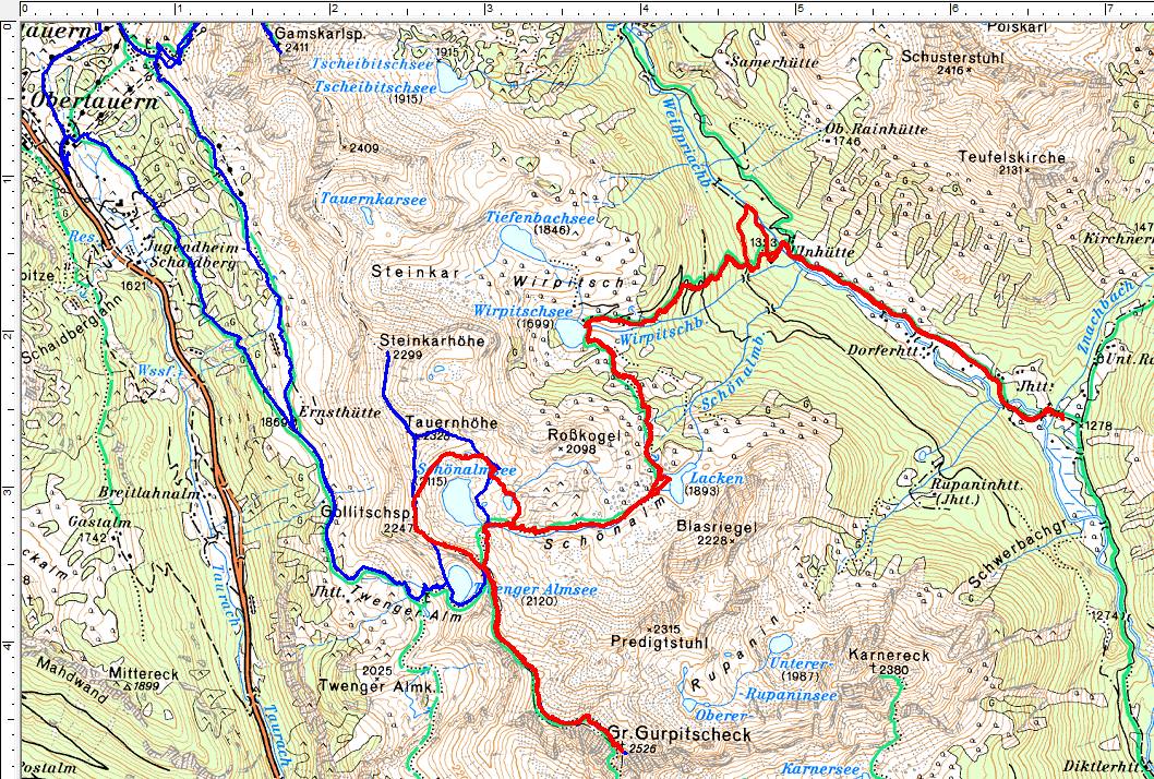 Wanderrouten auf das Große Gurpitscheck. Rot=aktuelle Wanderung, blau=1. Besuch von Obertauern aus (Klick zur Vergrößerung)