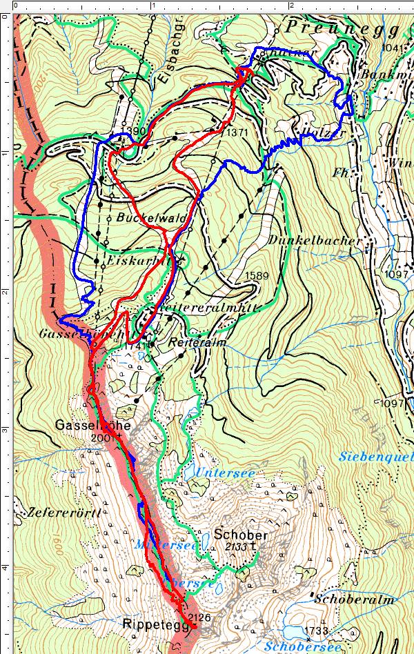 Meine Schitouren-Routen Ende April / Anfang Mai über die gut präparierten Reiteralm-Pisten zur Gasselhöhe und auf das Rippetegg (Rippeteck). Blau=30.04.2017, Rot=01.05.2017