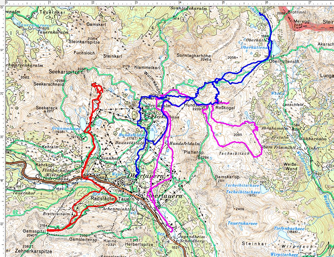 Unsere heurigen Schitourenrouten in Obertauern: Rot am 06.05.2017. Pink und blau meine Oster-Touren mit Ingrid. (Klick zur Vergrößerung)