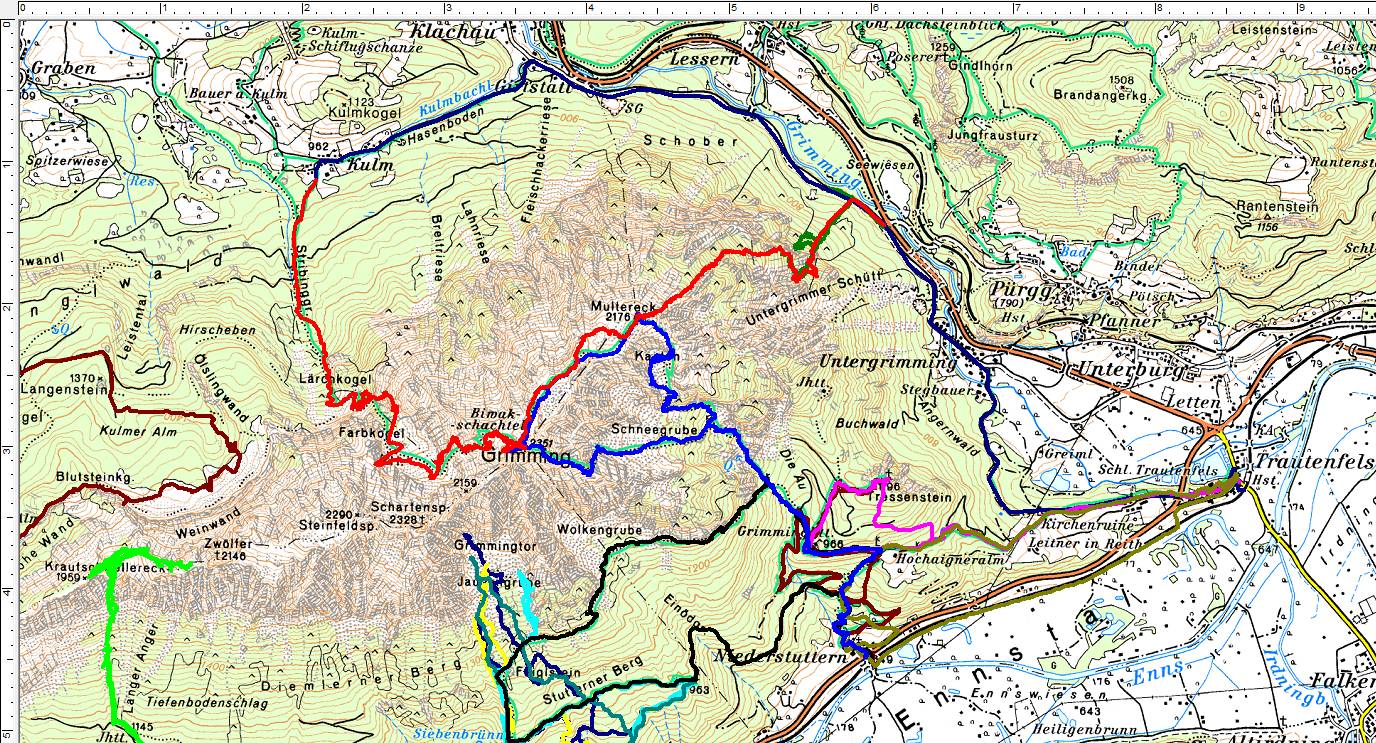 Einige meiner bisherigen Wanderungen im Umfeld des Grimming. Rot = meine heutige Tour mit Lärchkogelaufstieg und Kulm-Abstieg. Blau = meine Tour vom Vorjahr über den Südostgrat mit Abstieg über das Multereck. (Klick zur Vergrößerung)