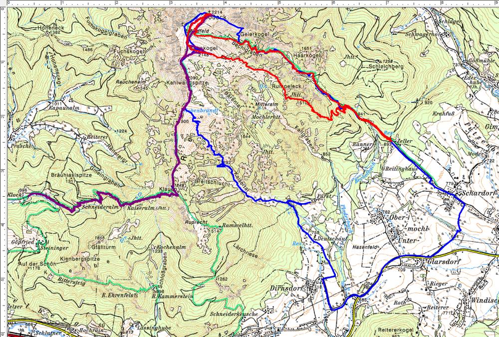 Bisherige Wanderrouten auf das Gößeck - rot ist die aktuelle vom 18.05.2017 (Klick zur Vergrößerung)